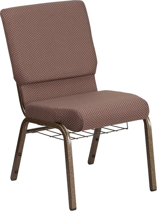 HERCULES Series 18.5''W Church Chair in Brown Dot Fabric with Book Rack - Gold Vein Frame