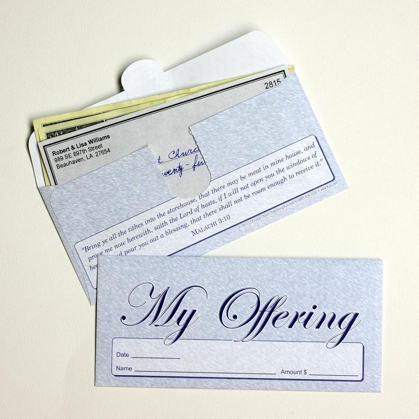 My Offering - Church Tithe/Donation Envelopes – Blue, Simple Design, Easy-Open Tab, Fits Bills & Checks, Name, Date & Amount, Malachi 3:10 KJV Verse, Choose Your Quantity (125 or 500)
