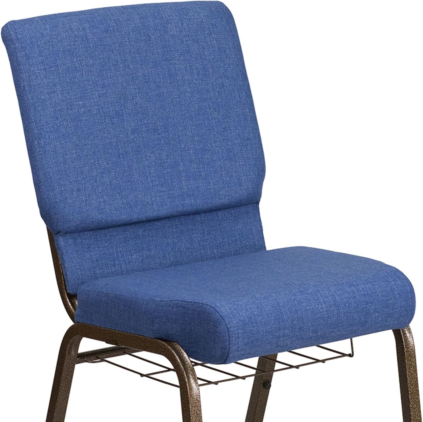 HERCULES Series 18.5''W Church Chair in Blue Fabric with Cup Book Rack - Gold Vein Frame