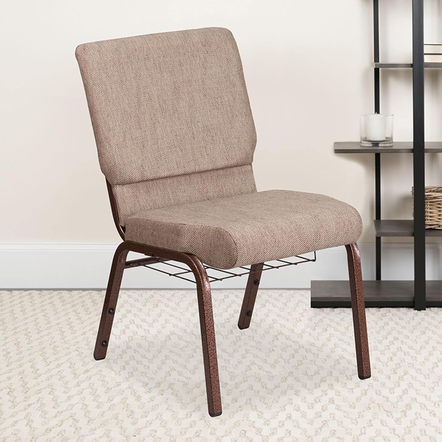 HERCULES Series 18.5''W Church Chair in Beige Fabric with Book Rack - Copper Vein Frame