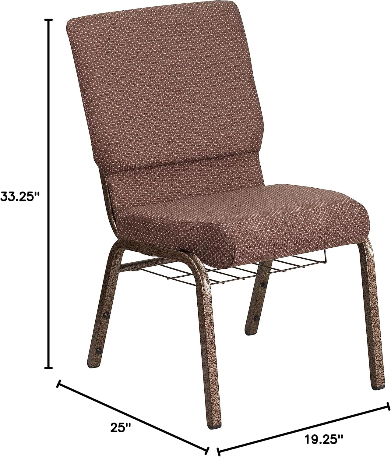 HERCULES Series 18.5''W Church Chair in Brown Dot Fabric with Book Rack - Gold Vein Frame