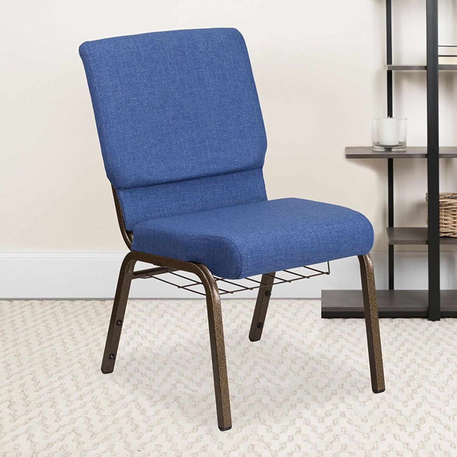 HERCULES Series 18.5''W Church Chair in Blue Fabric with Cup Book Rack - Gold Vein Frame