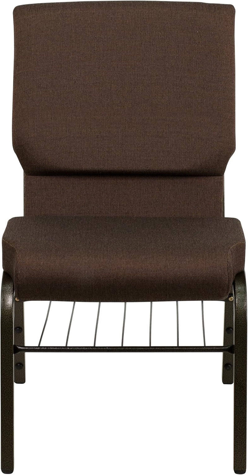 HERCULES Series 18.5''W Church Chair in Brown Fabric with Book Rack - Gold Vein Frame