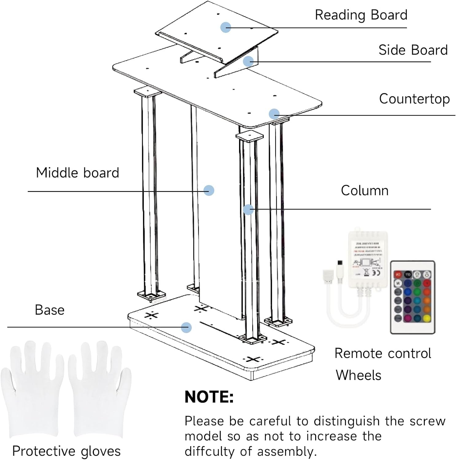 Church Pulpit with Led Lights, 46” Acrylic Pulpits for Churches, Transparent Podium Stand with Wheels& Spacious Reading Platform, Clear Lectern for Speech (40”L*17.7”W *46.6”H)