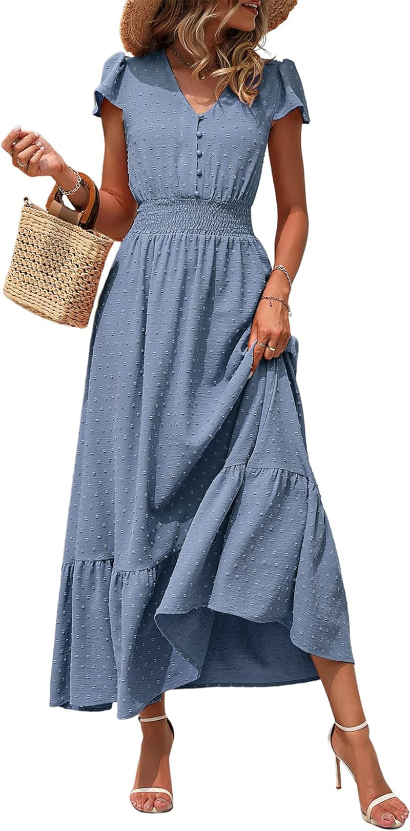 Womens Dresses 2024 Boho Short Sleeve V Neck Swiss Dot Ruffle Tiered Maxi Dress Smocked Long Cocktail Dresses