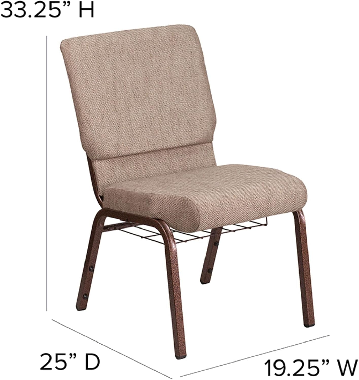 HERCULES Series 18.5''W Church Chair in Beige Fabric with Book Rack - Copper Vein Frame
