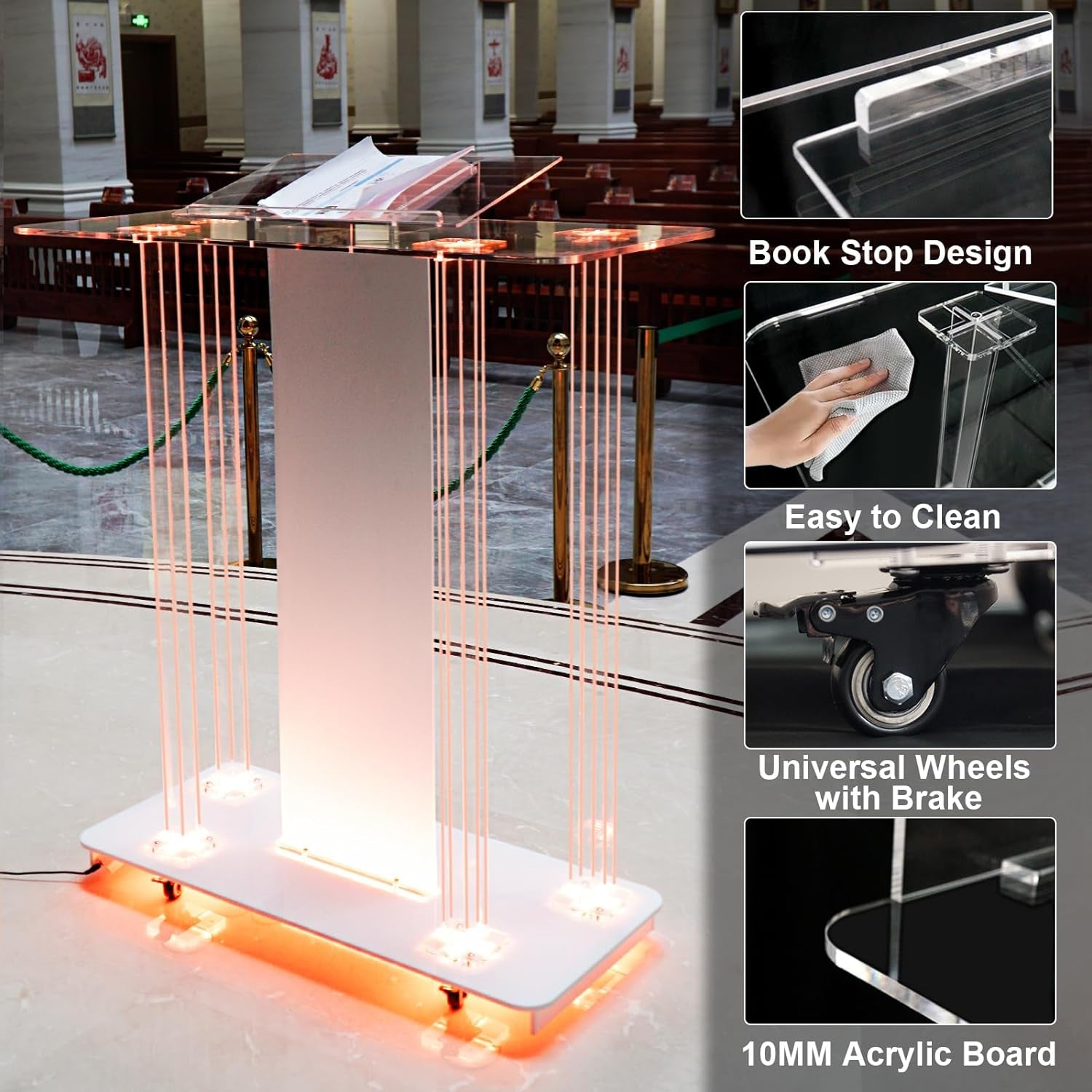 Church Pulpit with Led Lights, 46” Acrylic Pulpits for Churches, Transparent Podium Stand with Wheels& Spacious Reading Platform, Clear Lectern for Speech (40”L*17.7”W *46.6”H)