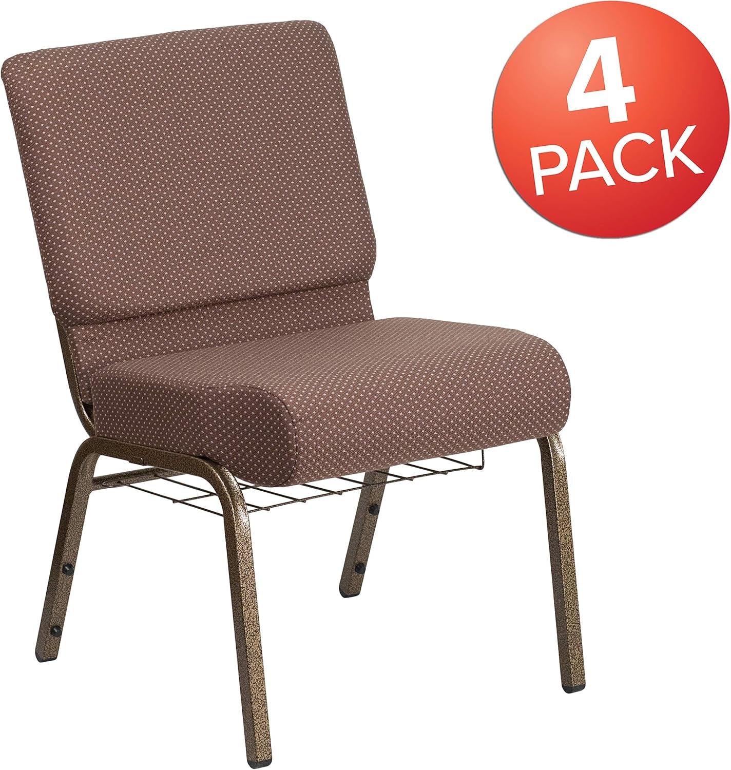 4 Pack HERCULES Series 21''W Church Chair in Brown Dot Fabric with Book Rack - Gold Vein Frame