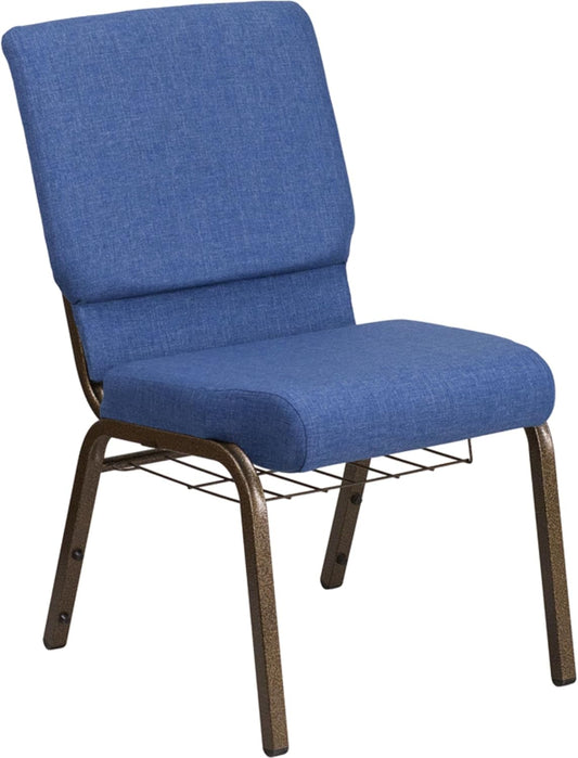 HERCULES Series 18.5''W Church Chair in Blue Fabric with Cup Book Rack - Gold Vein Frame