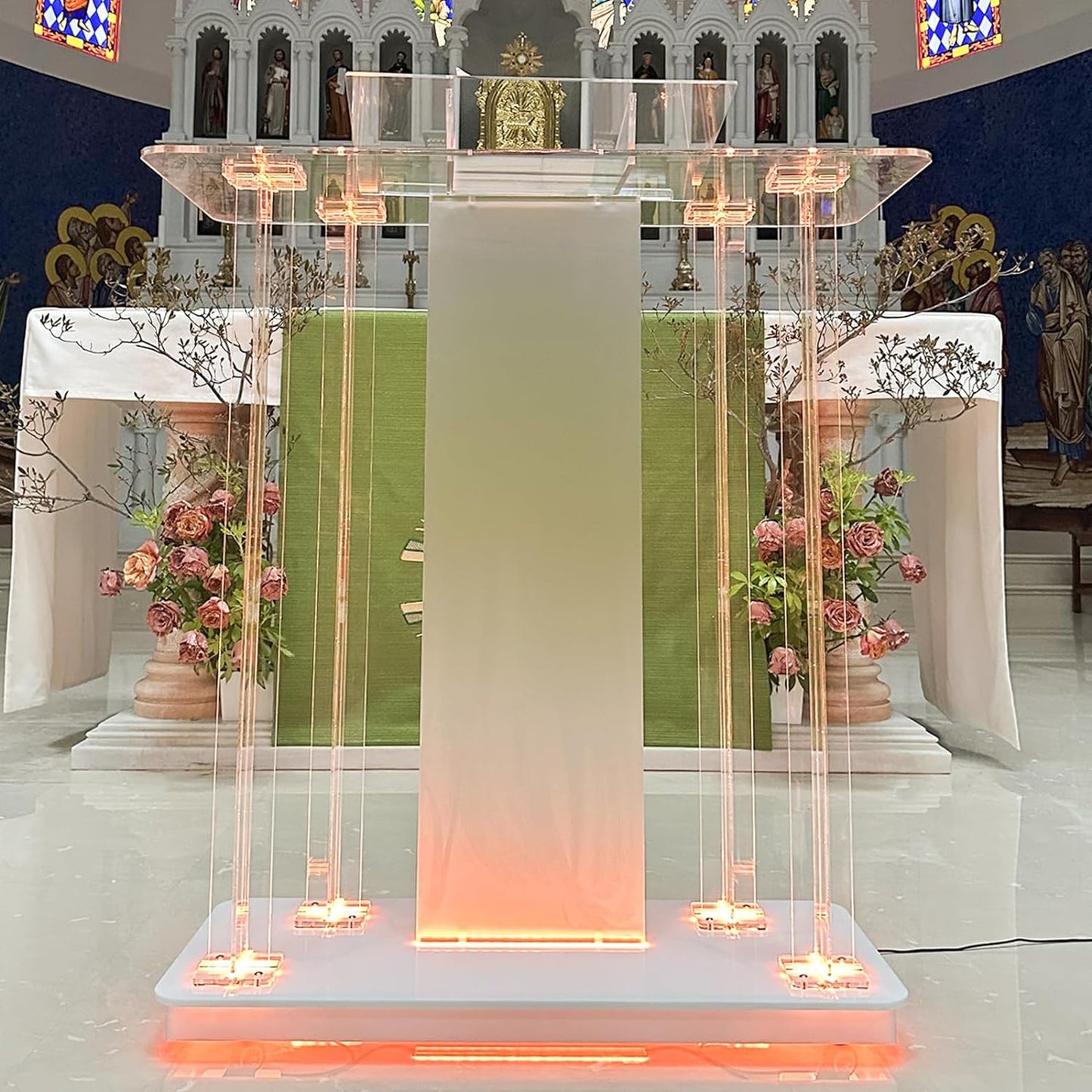 Church Pulpit with Led Lights, 46” Acrylic Pulpits for Churches, Transparent Podium Stand with Wheels& Spacious Reading Platform, Clear Lectern for Speech (40”L*17.7”W *46.6”H)
