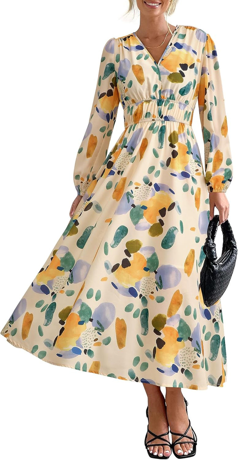 Women'S 2024 Fall Boho Maxi Dress Casual Long Sleeve V Neck Printed Beach Long Flowy Dresses