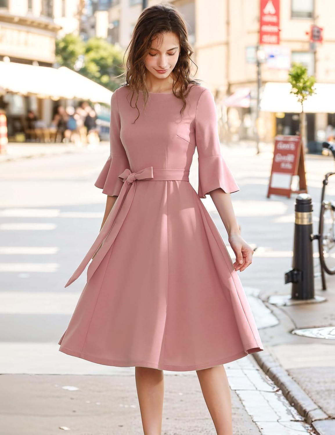 Women'S Elegant Bell Sleeve Cocktail Party Dresses for Wedding Guest Fit and Flare Modest Church Midi Evening Dress