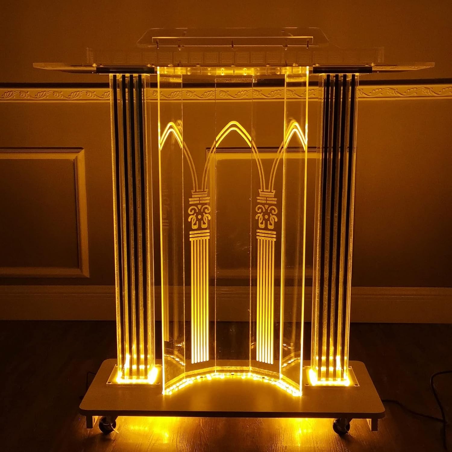 Lectern Podium Stand, Acrylic Pulpit Luxury Church Podium W/Lights, Rolling Podium, S for Churches, Mobile Floor Standing Rolling with Casters, Table Top Podium ?For Communion Wedding Party Gathering