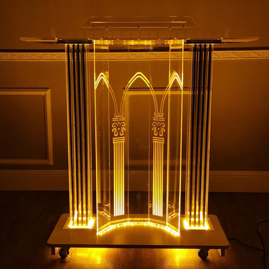 Lectern Podium Stand, Acrylic Pulpit Luxury Church Podium W/Lights, Rolling Podium, S for Churches, Mobile Floor Standing Rolling with Casters, Table Top Podium ?For Communion Wedding Party Gathering