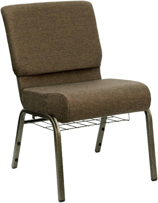 HERCULES Series 21''W Church Chair in Brown Fabric with Cup Book Rack - Gold Vein Frame