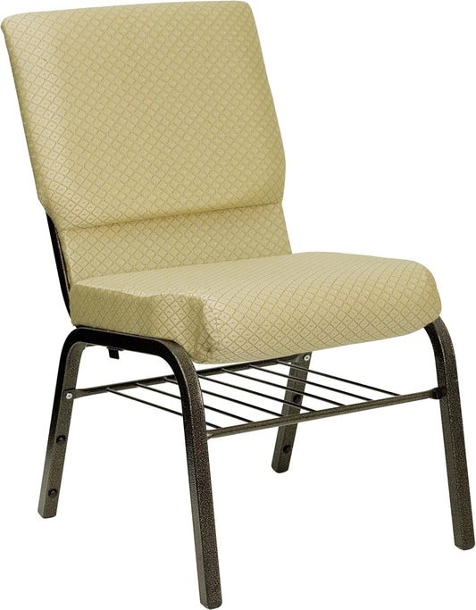 HERCULES Series 18.5''W Church Chair in Beige Patterned Fabric with Book Rack - Gold Vein Frame