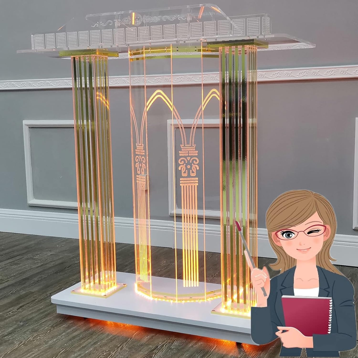 Lectern Podium Stand, Acrylic Pulpit Luxury Church Podium W/Lights, Rolling Podium, S for Churches, Mobile Floor Standing Rolling with Casters, Table Top Podium ?For Communion Wedding Party Gathering