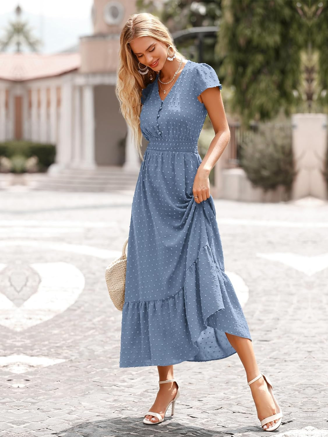 Womens Dresses 2024 Boho Short Sleeve V Neck Swiss Dot Ruffle Tiered Maxi Dress Smocked Long Cocktail Dresses