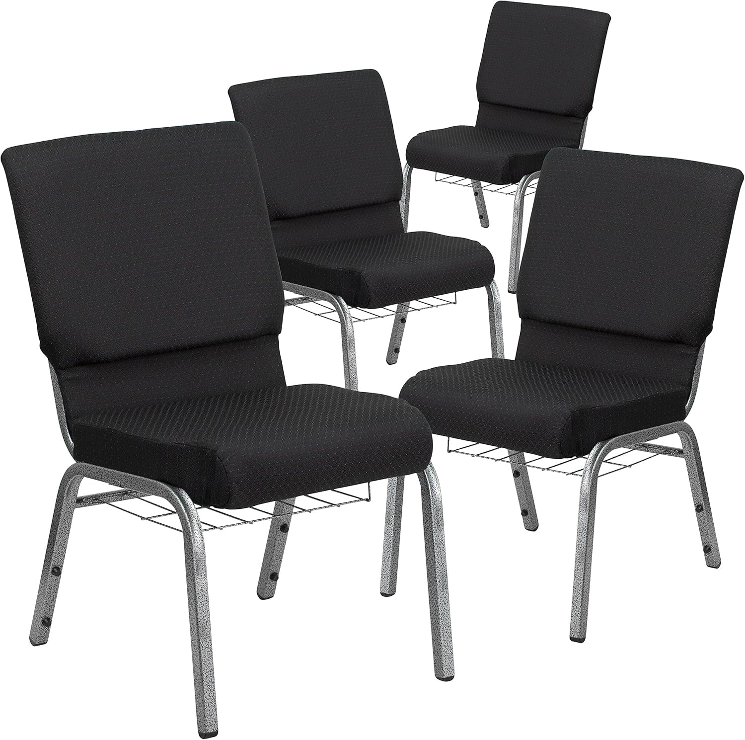 4 Pk. HERCULES Series 18.5''W Church Chair in Black Patterned Fabric with Cup Book Rack - Silver Vein Frame