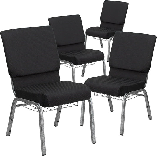 4 Pk. HERCULES Series 18.5''W Church Chair in Black Patterned Fabric with Cup Book Rack - Silver Vein Frame