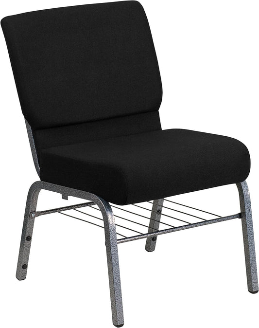 HERCULES Series 21''W Church Chair in Black Fabric with Book Rack - Silver Vein Frame